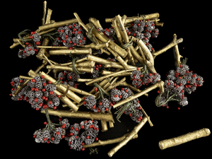 lot 235 image: Display Decor - Small Centerpieces - Mini Cones, Holly Berries and Gold Twig Bundles - 4in approx