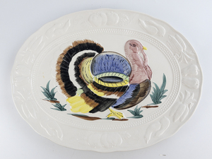 lot 245 image: VINTAGE MCM NASCO R8950 Ceramic Embossed Thanksgiving Turkey Platter 18 78x14 14 Painted Made In Japan (original Box)