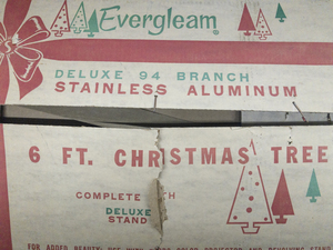 lot 1 image: Vintage 1960s EVERGLEAM Stainless Aluminum Christmas Tree 94 Branch 6 Feet Never Used