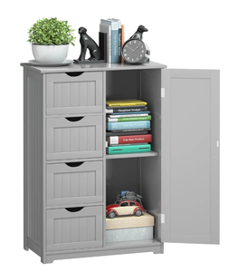 lot 293 image: Costway Bathroom Storage Wooden 4 Drawer Cabinet Cupboard 2 Shelves Free Standing Grey