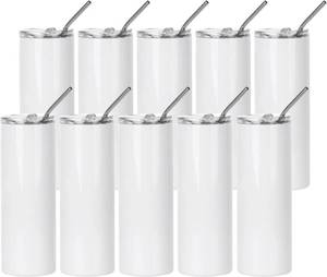 lot 303 image: LOT OF 20 PYD Life Skinny 20 OZ Straight Stainless Steel White Tumbler with Metal Straw And Straw Cleaner