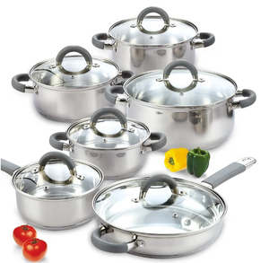 lot 100 image: 12PCS Cook N Home Kitchen Cookware Sets, Basic Stainless Steel Pots and Pans with Grey Silicone Handles