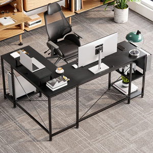 lot 118 image: Malen L Shaped Desk with Shelves Reversible Corner Computer Desk or 2 Person Long Table
