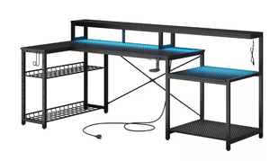 lot 127 image: Bestier L-Shaped Black Carbon Fiber LED Desk with Monitor Stand, Storage Shelves and Power Outlets