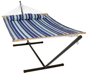 lot 204 image: Sunnydaze Double Quilted Fabric Hammock with 12-Foot Stand and Pillow