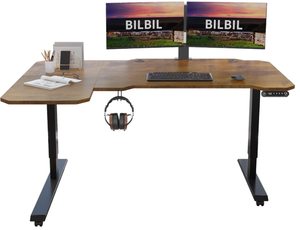 lot 207 image: BLACK L-Shaped Electric Height Adjustable Standing Desk, Stand Up Rising Table for Home Office with Splice Board