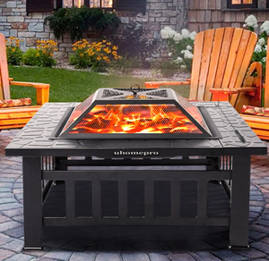 lot 411 image: Fire Pit for Outside, 32 Wood Burning Fire Pit Tables with Screen Lid, Poker, BBQ Net, Ice Tray, Food Clip and Cover