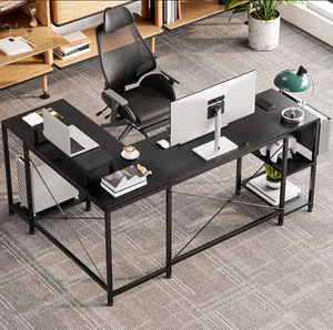 lot 270 image: Malen L Shaped Desk with Shelves Reversible Corner Computer Desk or 2 Person Long Table