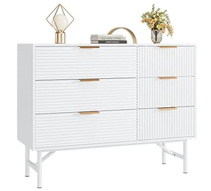 lot 490 image: White Dresser, 6 Drawer Double Dresser with Deep Drawers and Metal Handles