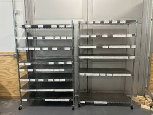 lot 74 image: Lot of 2 Shelving Units on Wheels