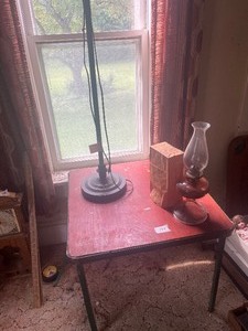 Oil lamp, floor lamp and card table
