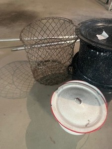 Potato basket, enamel pots