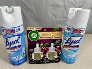 2 New Cans of Lysol & New Air Wick Essential Oil Refills