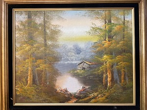 lot 719 image: Oil Painting Of Cabin In The Woods On A Lake Wooden Frame. Including The Frame - Measures 28 Inches x 24 Inches