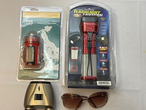 lot 732 image: Flashlight Lantern, Alert Safety Strobe Light, Binoculars, Sunglasses