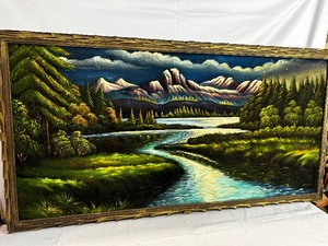 lot 624 image: Large Vintage Velvet Painting of Mountains and River. Measuring 57 x 30