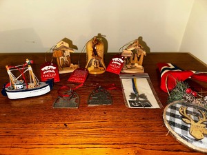 lot 680 image: Vintage Holiday Ornaments including Olive Wood Bethlehem Nativity Scene Bells