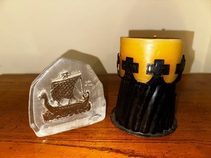 lot 683 image: Glass Viking Ship Paper Weight and Metal Candle Holder