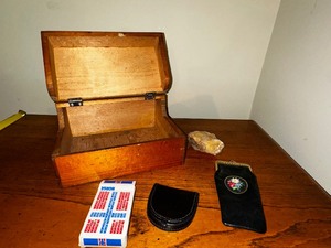 lot 694 image: Wooden Box with Leather Coin Purse and Eyeglass case