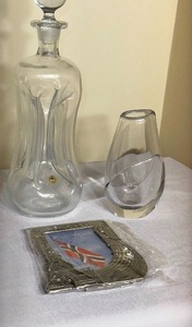 lot 1038 image: Kestrel-Holmegaard Antique Danish Kluk Kluk Decanter, Crystal Vase, And Frame
