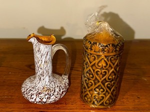 lot 696 image: Vintage Pilgrim Miniature Hand Blown Art Small Glass Vase and Embossed Candle