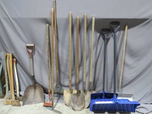 Mixed Lot of Shovels, Rakes and Axes