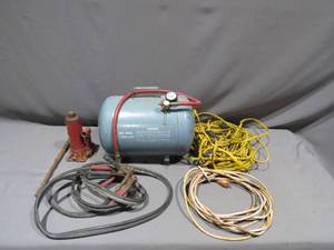 Mixed Lot of Garage Tools -  Bottle Jack, Air Tank, Jumper Cables and Extension Cords