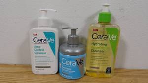 lot 34 image: Lot of 3 CeraVe Skin Care Products-Acne Control-8 fl oz-Psoriasis Cream-8fl oz-Hydrating Foaming Oil-12fl oz