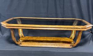 lot 18 image: VTG Tiered Glass Top Wooden Coffee Table w Beveled GlassGold Trim