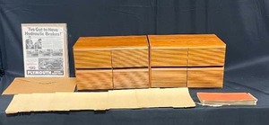 lot 23 image: Vintage Wooden Drawer Organizer Lot with Plymouth Advertisement