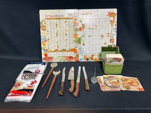 lot 37 image: Vintage Cooking Utensils and Recipe Cards Lot