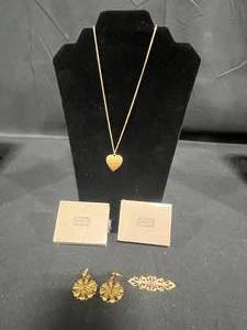 lot 157 image: Assorted Avon Goldtone Jewelry Lot with Heart Pendant, Earrings, and Brooch - display not included