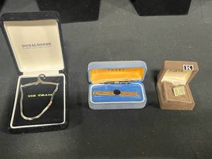 lot 156 image: Lot of Vintage Mens Jewelry - Chain, Tie Clip, Initial Tie Tack, Cufflinks