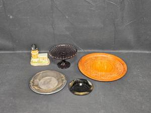 lot 76 image: Assorted Decorative Items Lot - Plates, Lighthouse Figurine, and Cake Stand