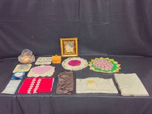 lot 92 image: Assorted Vintage Linens, Decor Items, and Framed Artwork Lot