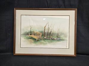 lot 126 image: Framed Artwork of a Bench in a Foggy Landscape