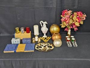 lot 140 image: Assorted Home Decor Items Including Candle Holders, Figurines, and Vases