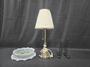 lot 177 image: Table Lamp with White Shade, Decorative Bowl Set, and Metal Stand