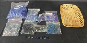 lot 181 image: Large Lot of Assorted Glass Stones and Wicker Basket
