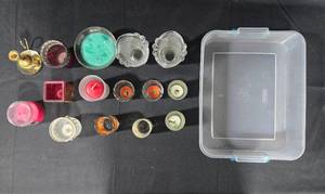 lot 182 image: Assorted Lot of Candles, Candle Holders, and Storage Container