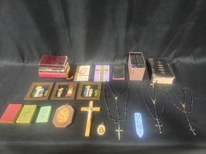 lot 75 image: Assorted Religious Books, Rosaries, and Wall Decorations