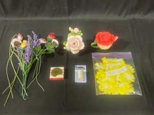 lot 87 image: Decorative Floral Lot with Ceramic Roses, Faux Flowers, and Craft Supplies