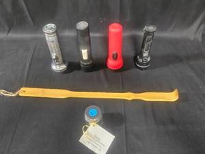 lot 93 image: Assorted Flashlights with Wooden Back Scratcher and Jar