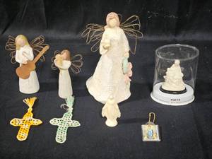 lot 101 image: Lot of Religious Angel Figurines and Crochet Crosses