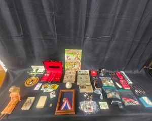 lot 111 image: Assorted Collectibles Lot Inc Barbie, Jewelry Boxes, International & 1847 Rogers Silverplated Accessory Silverware
