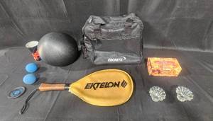 lot 137 image: Mixed Lot Ektelon Raquetball Paddle, Ebonite Bag, Crystal Candle Holders & More