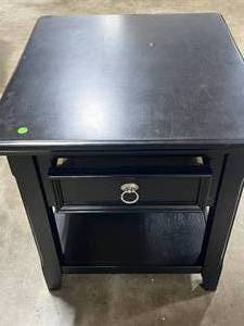 lot 4 image: Black Wooden Nightstand with Drawer and Bottom Shelf