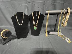 lot 231 image: Assorted Gold-Tone Jewelry Lot with Necklaces and Bracelet - displays not included