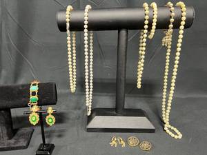 lot 232 image: Lot of Vintage Jewelry - Pearl Necklaces, Earrings, Bracelet, and Brooch - displays not included