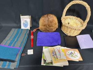 lot 260 image: Mixed Lot Hallmark Photo Frame, Ralph Lauren Scarf, Red Wristwatch, Fur Hat, Cards, and More